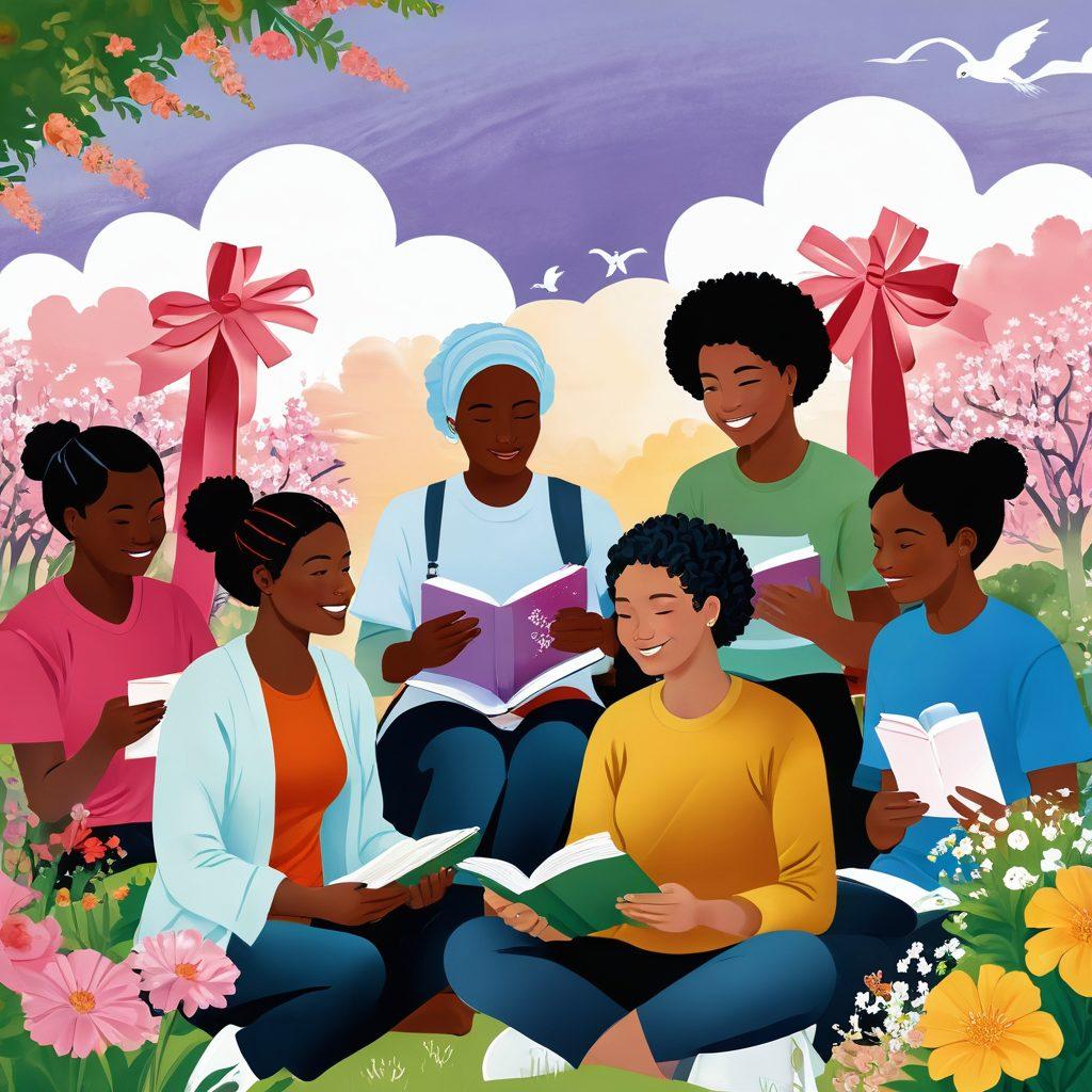 A heartfelt illustration of diverse individuals from the cancer community, engaging in supportive conversations, surrounded by symbols of hope like ribbons and blooming flowers. The background should feature a serene landscape that represents resilience, with sunlight breaking through clouds. Incorporate elements like books and digital devices symbolizing research and resources. The overall tone should be warm and uplifting. vibrant colors. super-realistic.