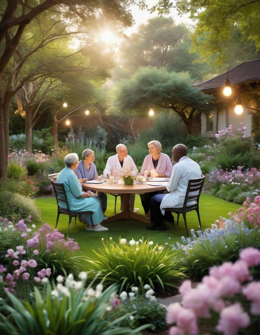 A serene scene showcasing a diverse group of individuals, including patients and healthcare professionals, engaged in collaborative discussions about cancer research. Surrounding them are symbols of hope such as blooming flowers, glowing light bulbs for ideas, and supportive gestures. The background features a tranquil garden representing growth and healing, with soft pastel colors creating a calming atmosphere. super-realistic. vibrant colors. soft-focus details.